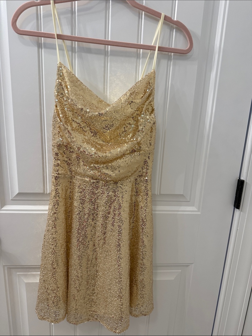 🔴 Gold Sequined Lace-Up Cowl Neck Mini Dress
